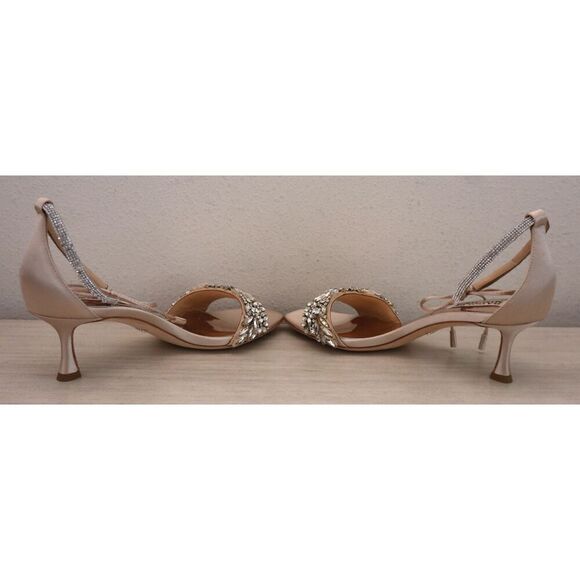 Badgley Mischka Women Sz 6.5 Nude Satin Blossom Ankle Tie Embellished Sandal - Picture 11 of 16